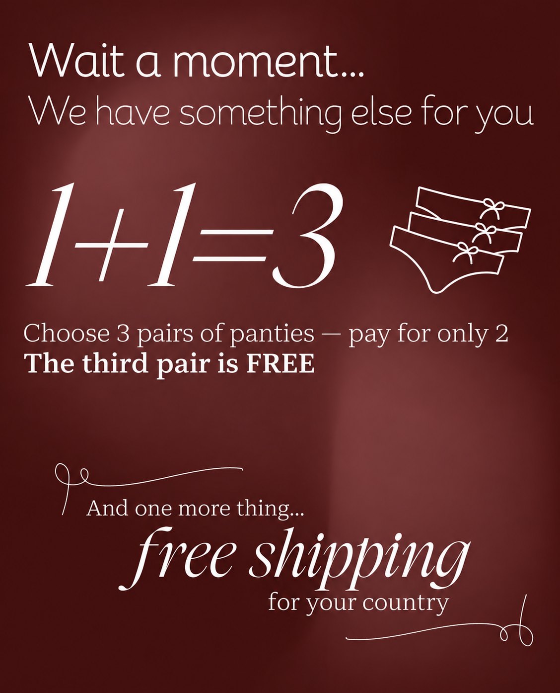 1+1=3. Choose 3 pairs of panties and pay for only 2. Free shipping for your country